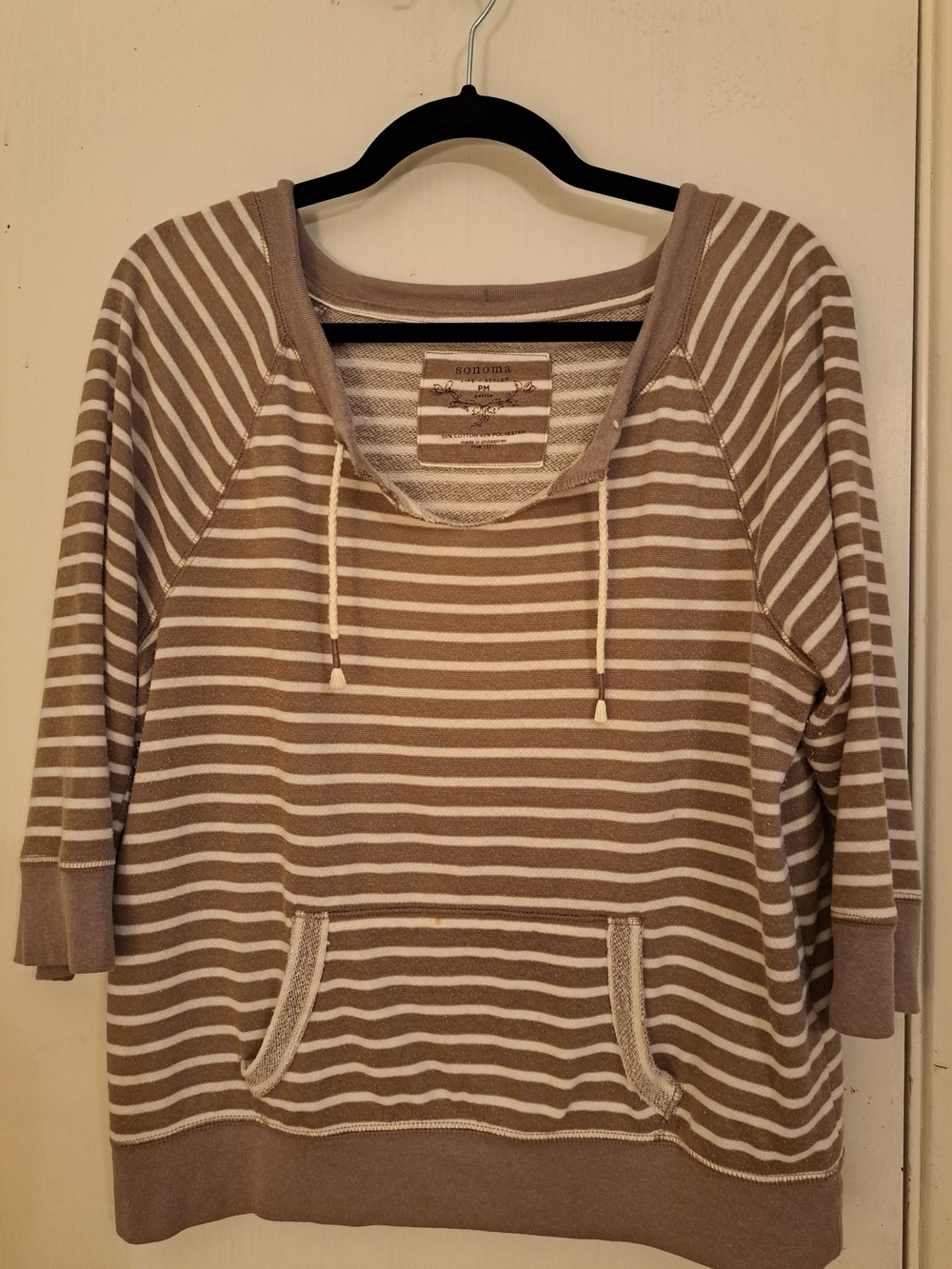 SONOMA Striped,EUC Drawstring Pullover Lightweight, 3/4 sleeves, Taupe/White